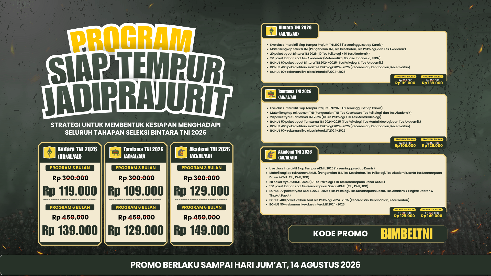 14 Agutus 2026 - KODE VOUCHER BIMBEL TNI - ARTIKEL - PROMOBIASA