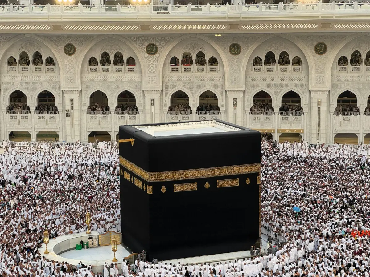 Aerial view of the Kaaba with thousands of pilgrims in Mecca, Saudi Arabia, during Hajj.