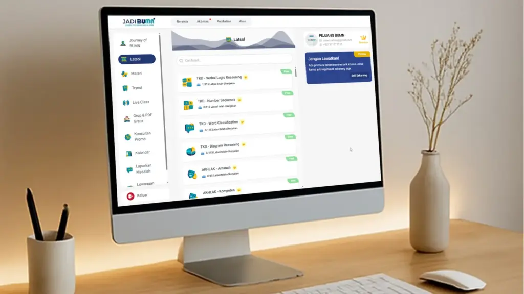 Mockup dashboard aplikasi JadiBUMN untuk latihan soal dan tryout BUMN