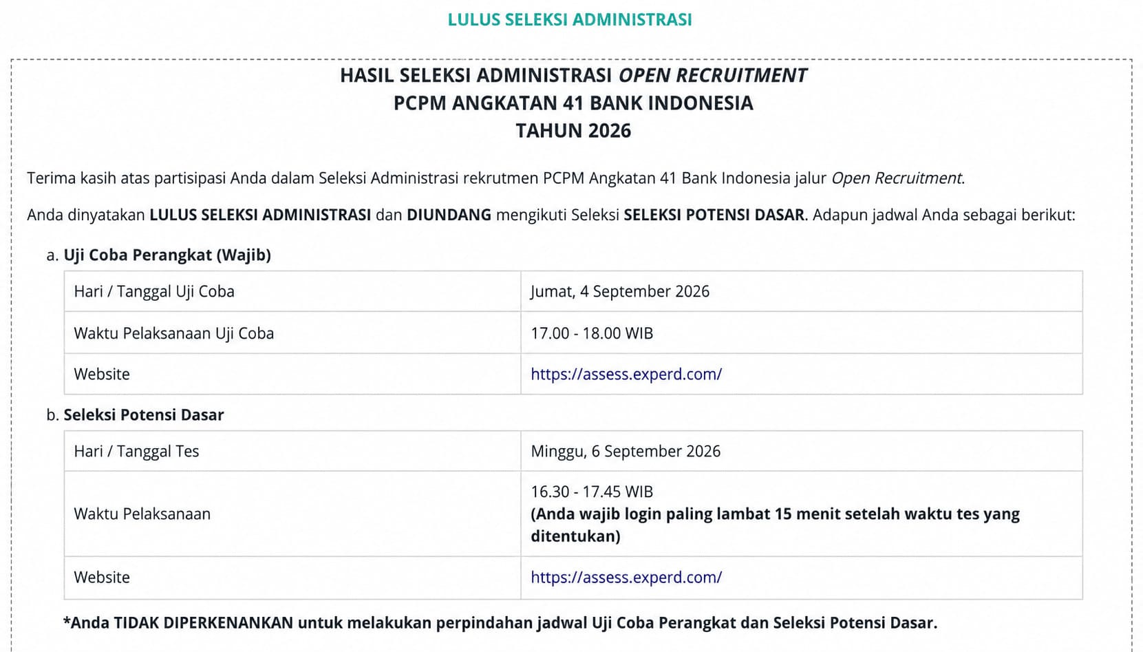 hasil seleksi pcpm bi 2026